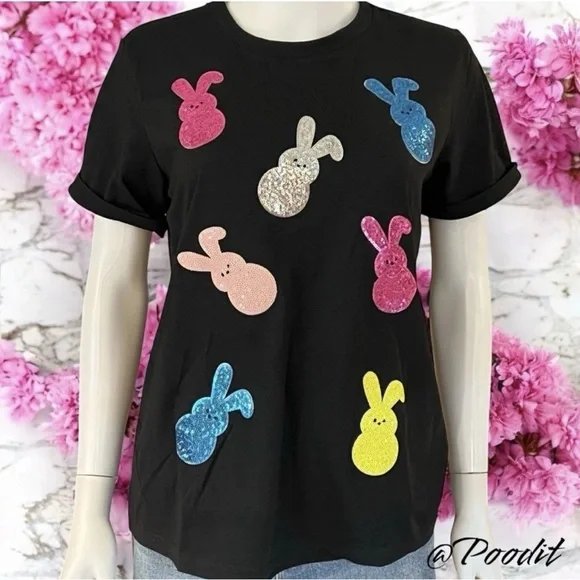Sequin bunny black soft loose fit Easter holiday tee L XL 2XL - Picture 3 of 6